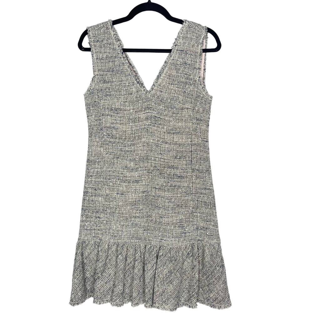 New Rebecca Taylor 4 Blue Gray Sleeveless Tweed V Neck Dress Ruffled Hem Cotton